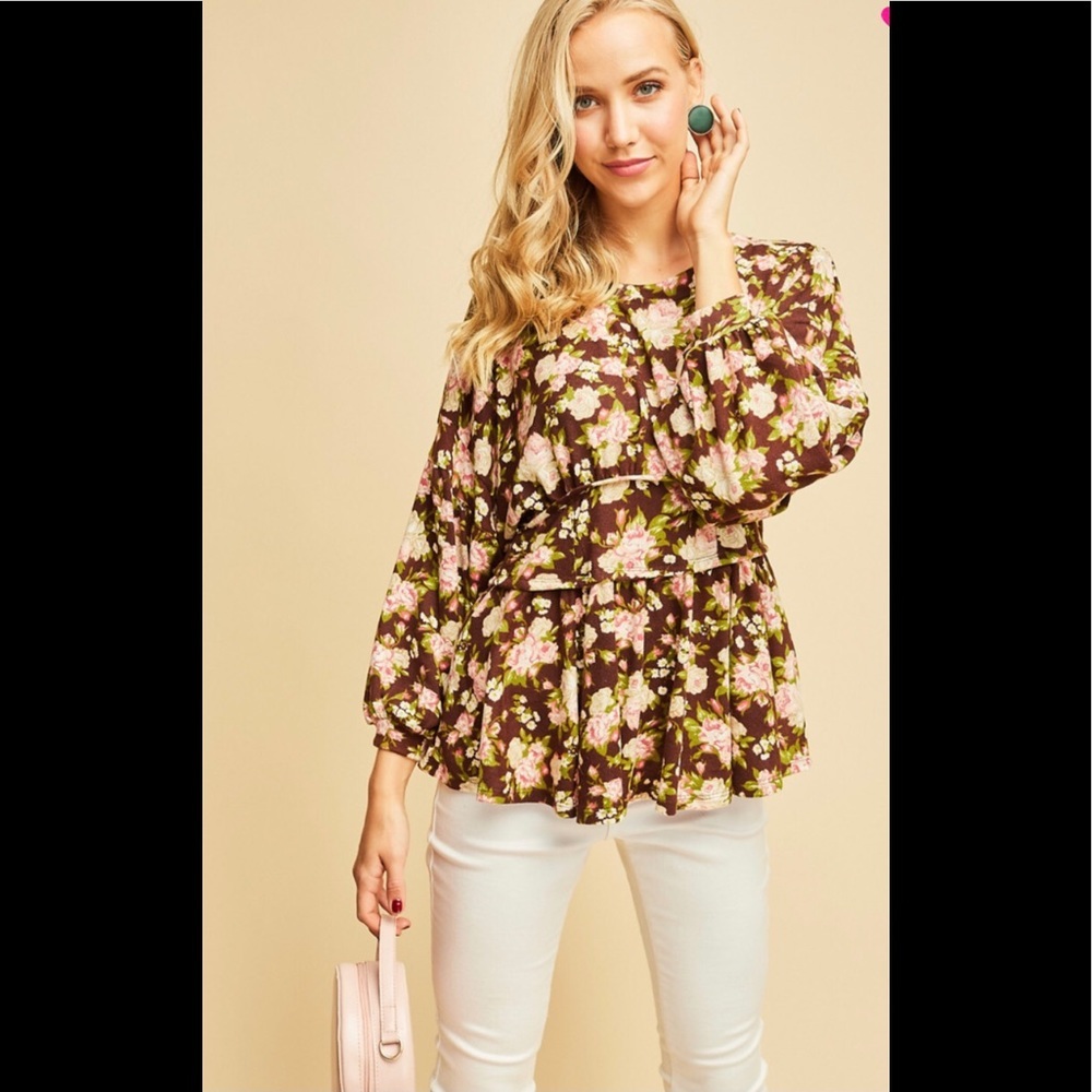 brown floral long sleeve top - Picture 2 of 7